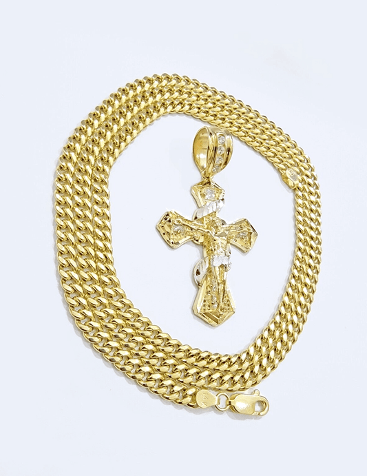 14k Gold Cross Charm Miami Cuban Link Chain 5mm 26'' Necklace 14kt Pendant SALE - Reva Jeweler