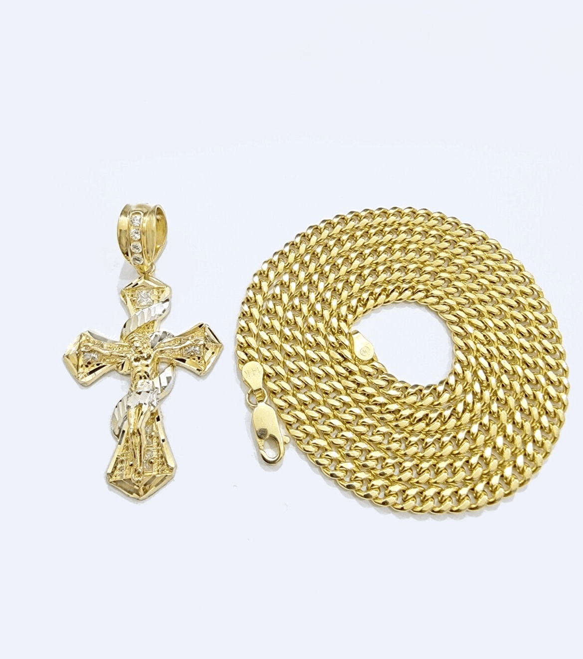 14k Gold Cross Charm Miami Cuban Link Chain 5mm 26'' Necklace 14kt Pendant SALE - Reva Jeweler