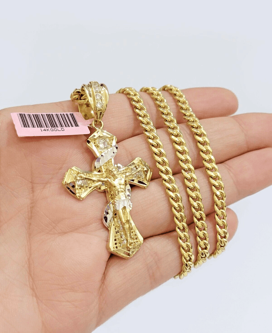 14k Gold Cross Charm Miami Cuban Link Chain 5mm 26'' Necklace 14kt Pendant SALE - Reva Jeweler