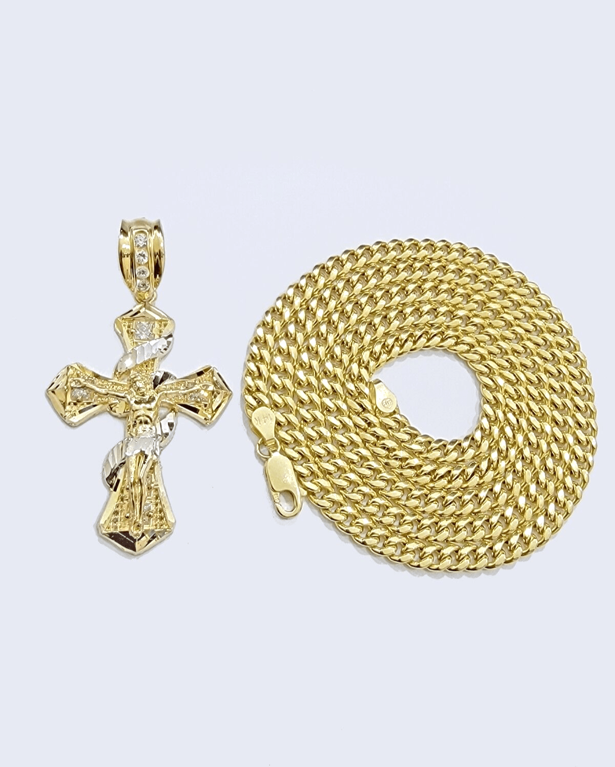 14k Gold Cross Charm Miami Cuban Link Chain 5mm 26'' Necklace 14kt Pendant SALE - Reva Jeweler