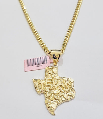 14k Gold Cuban Link Chain 24" Necklace Texas Map Charm Pendant Real 14KT SET