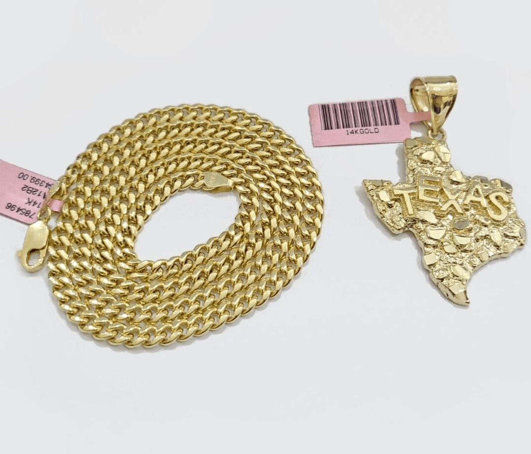 14k Gold Cuban Link Chain 26" Necklace Texas Map Charm Pendant Real 14KT SET
