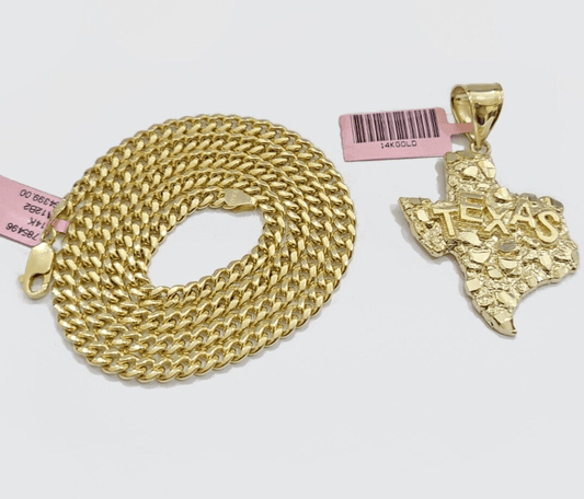 14k Gold Cuban Link Chain 26" Necklace Texas Map Charm Pendant Real 14KT SET