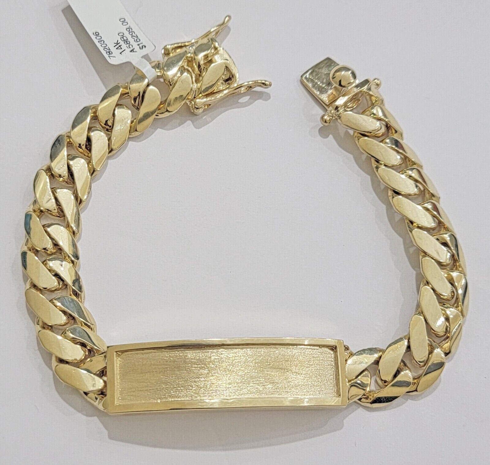 14k Gold ID Bracelet Miami Cuban Solid link 12mm Name Plate 9 Inch Box Lock REAL - Reva Jeweler