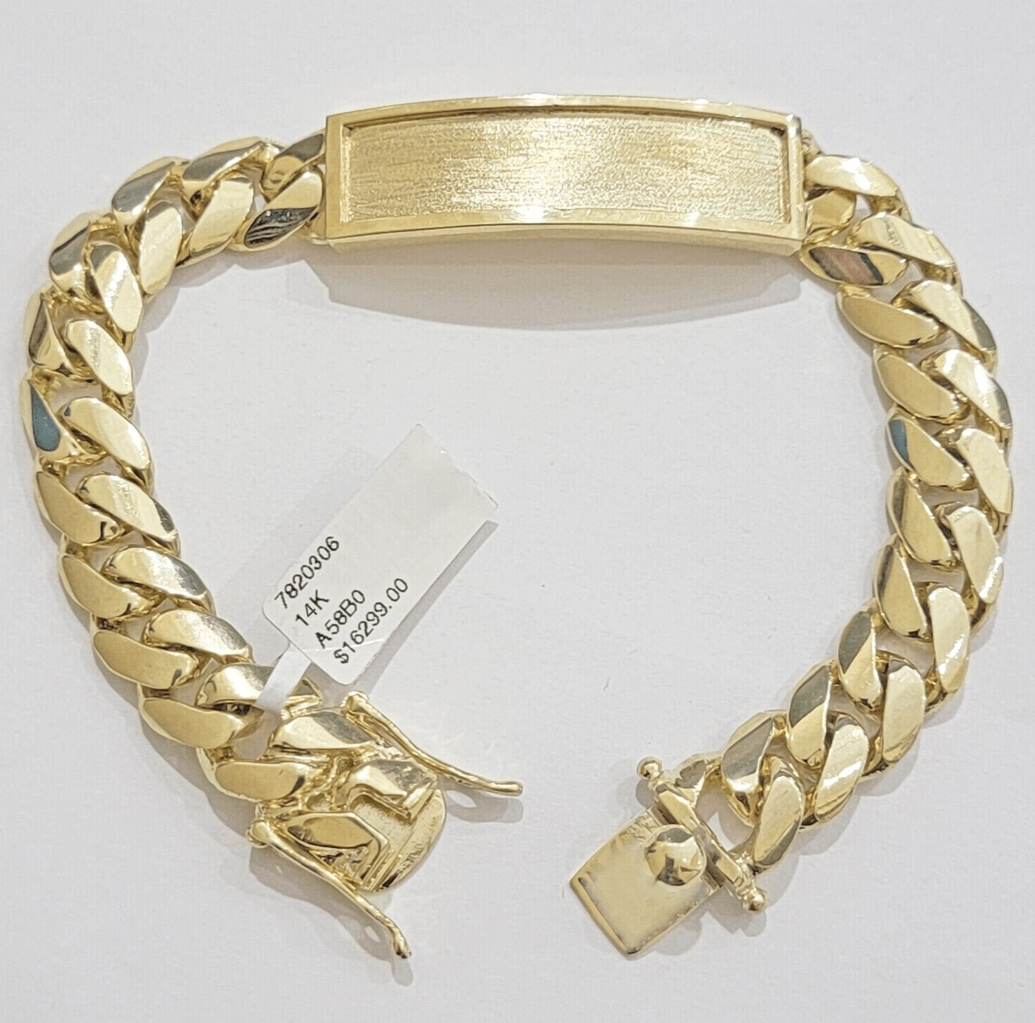 14k Gold ID Bracelet Miami Cuban Solid link 12mm Name Plate 9 Inch Box Lock REAL - Reva Jeweler