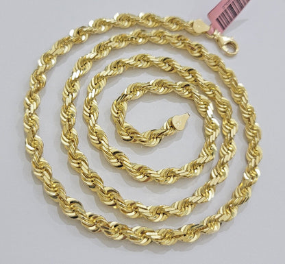 14k Gold Rope Chain Necklace 5mm Real 14kt Yellow Gold 18 - 28 Inch Diamond Cut - Reva Jeweler
