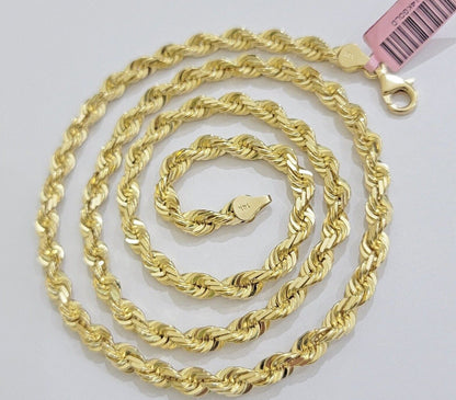 14k Gold Rope Chain Necklace 5mm Real 14kt Yellow Gold 18 - 28 Inch Diamond Cut - Reva Jeweler
