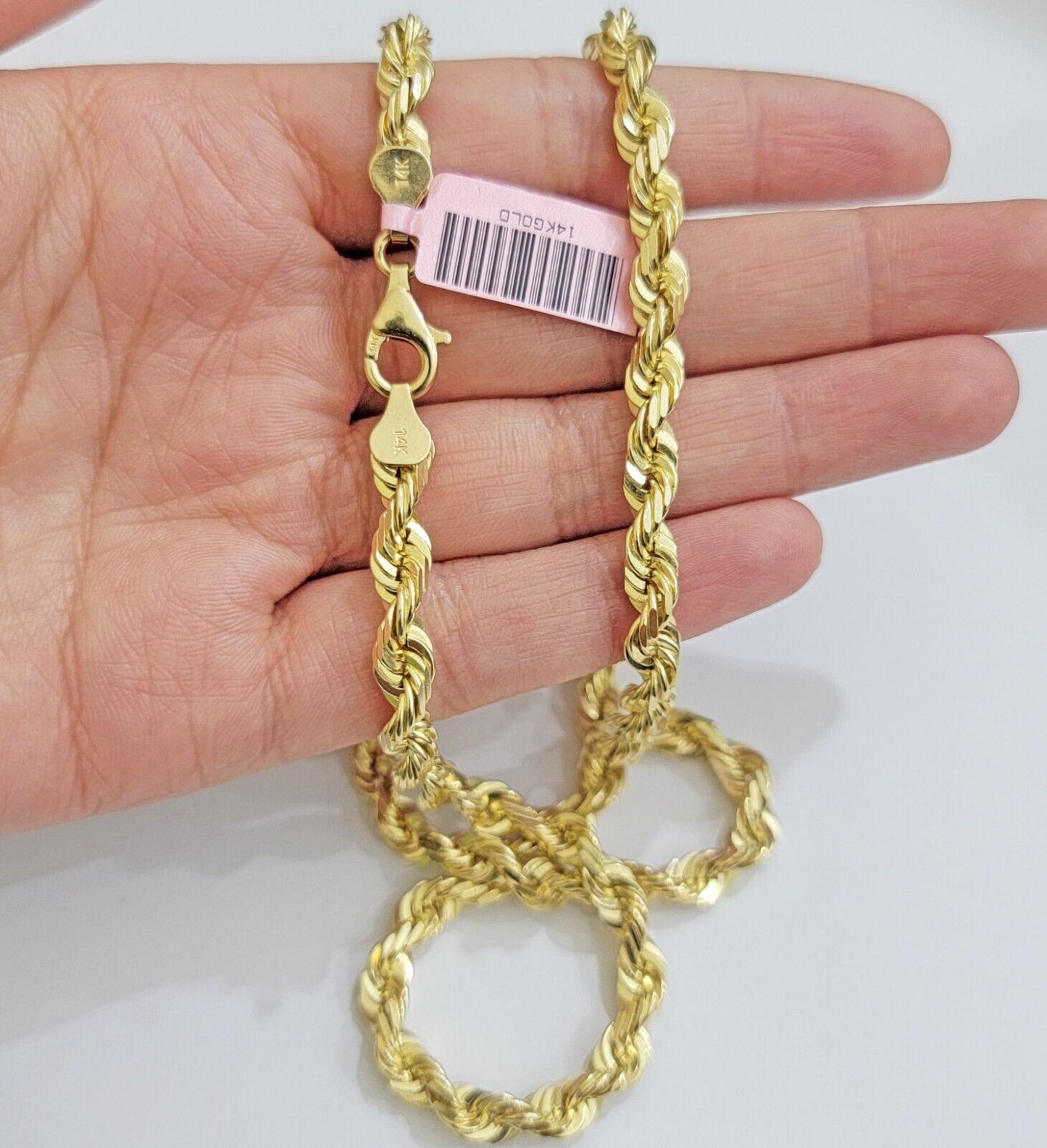 14k Gold Rope Chain Necklace 5mm Real 14kt Yellow Gold 18 - 28 Inch Diamond Cut - Reva Jeweler