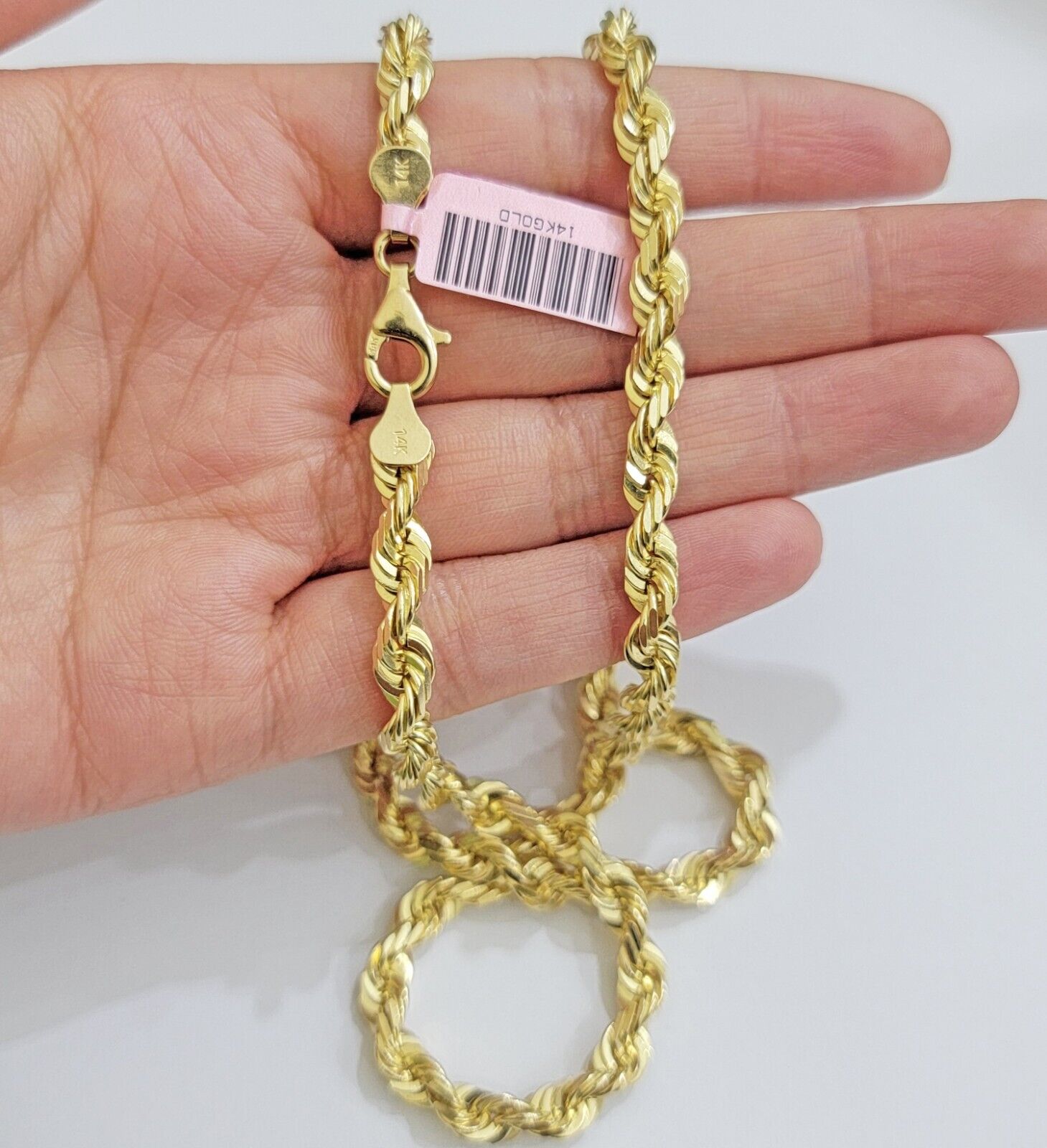14k Gold Rope Chain Necklace 5mm Real 14kt Yellow Gold 18 - 28 Inch Diamond Cut - Reva Jeweler