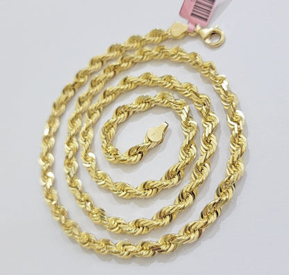 14k Gold Rope Chain Necklace 5mm Real 14kt Yellow Gold 18 - 28 Inch Diamond Cut - Reva Jeweler