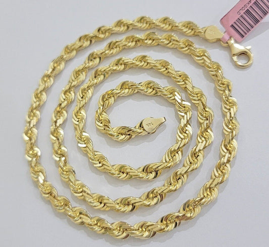 14k Gold Rope Chain Necklace 5mm Real 14kt Yellow Gold 18 - 28 Inch Diamond Cut - Reva Jeweler