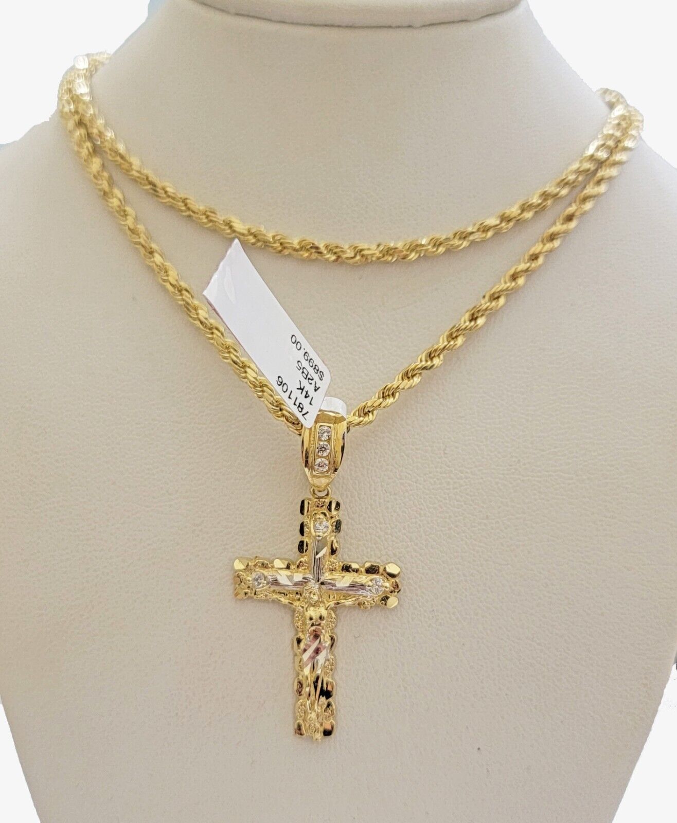 14k Gold Rope Chain Necklace Cross Charm Pendant Set 16 - 28" inch 3mm , Real 14KT - Reva Jeweler