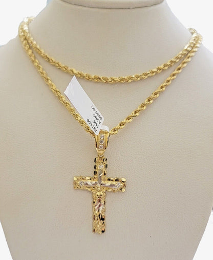 14k Gold Rope Chain Necklace Cross Charm Pendant Set 16 - 28" inch 3mm , Real 14KT - Reva Jeweler