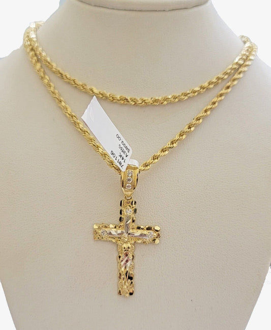 14k Gold Rope Chain Necklace Cross Charm Pendant Set 16 - 28" inch 3mm , Real 14KT - Reva Jeweler