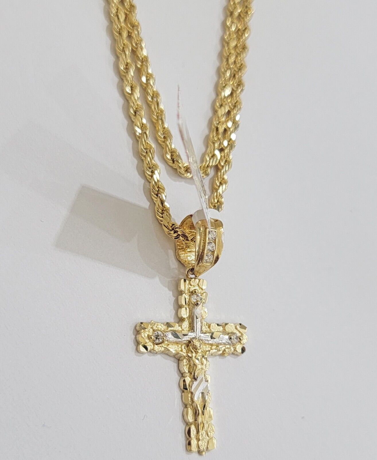 14k Gold Rope Chain Necklace Cross Charm Pendant Set 16 - 28" inch 3mm , Real 14KT - Reva Jeweler