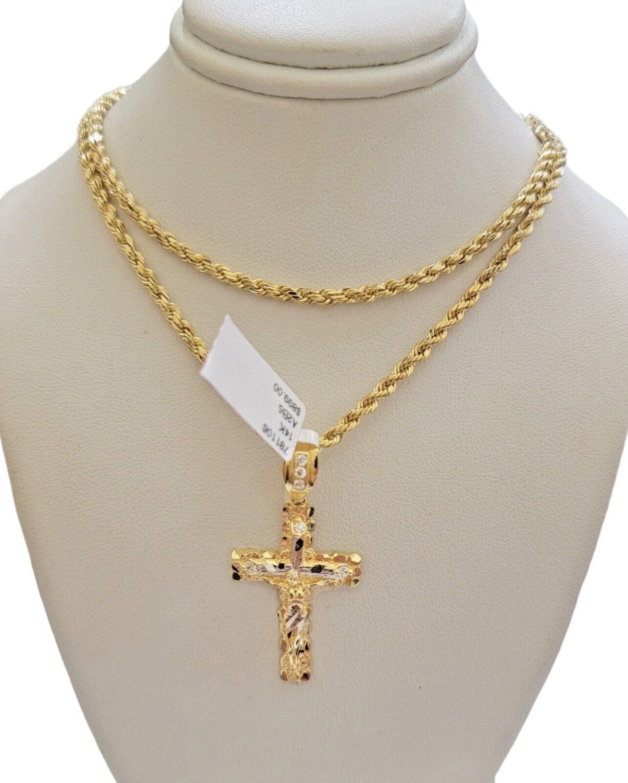 14k Gold Rope Chain Necklace Cross Charm Pendant Set 16 - 28" inch 3mm , Real 14KT - Reva Jeweler