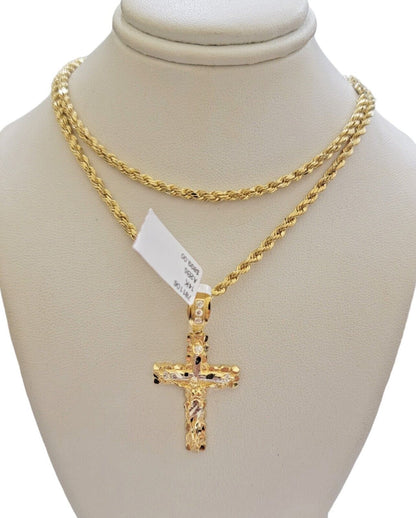 14k Gold Rope Chain Necklace Cross Charm Pendant Set 16 - 28" inch 3mm , Real 14KT - Reva Jeweler