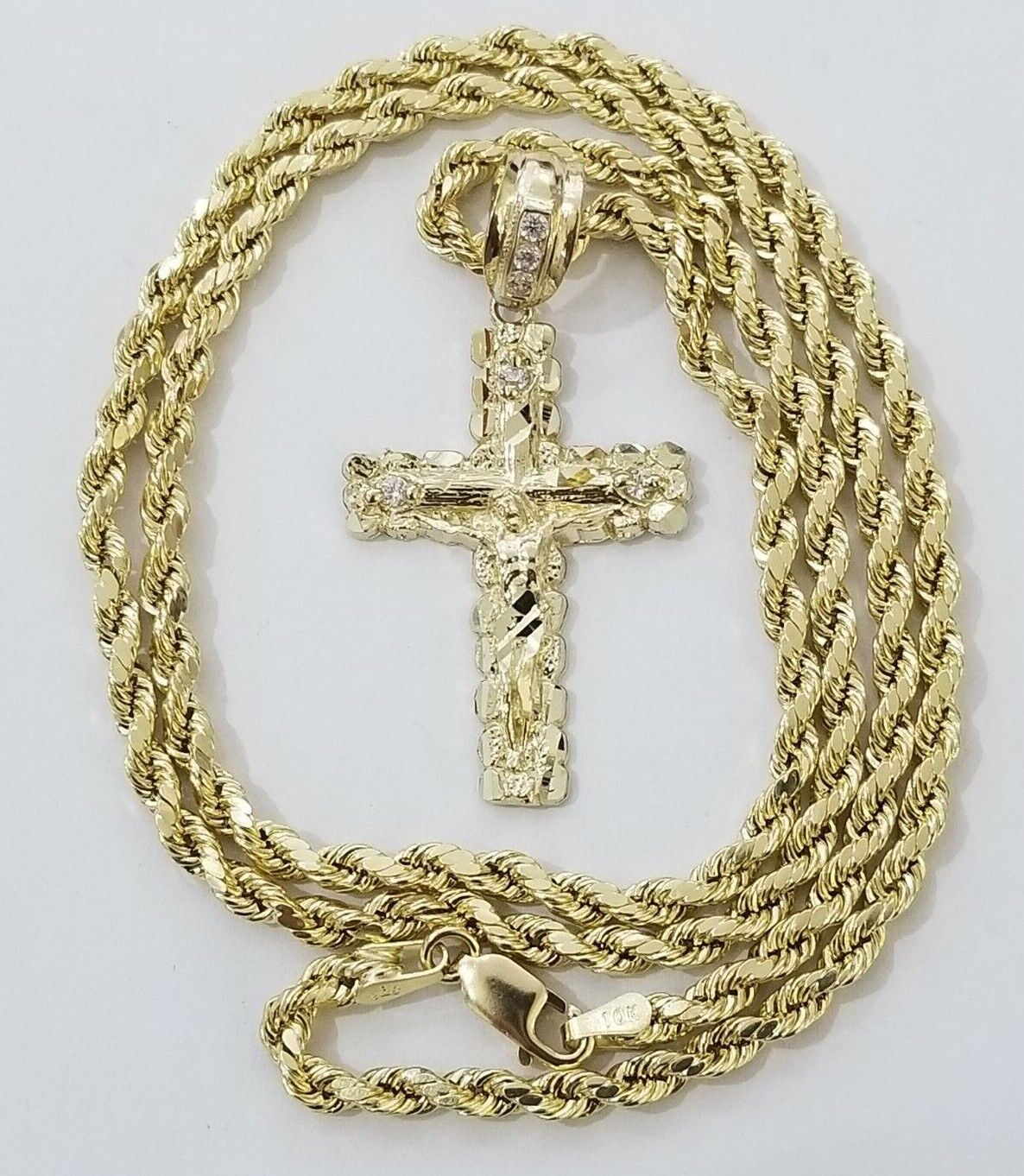 14k Gold Rope Chain Necklace Cross Charm Pendant Set 16 - 28" inch 3mm , Real 14KT - Reva Jeweler