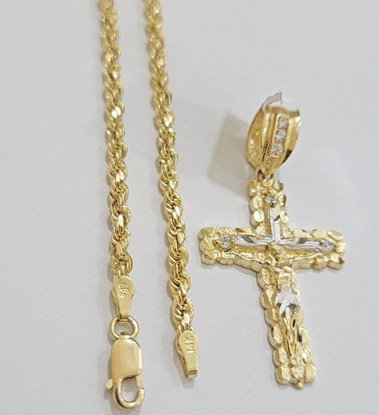 14k Gold Rope Chain Necklace Cross Charm Pendant Set 16 - 28" inch 3mm , Real 14KT - Reva Jeweler