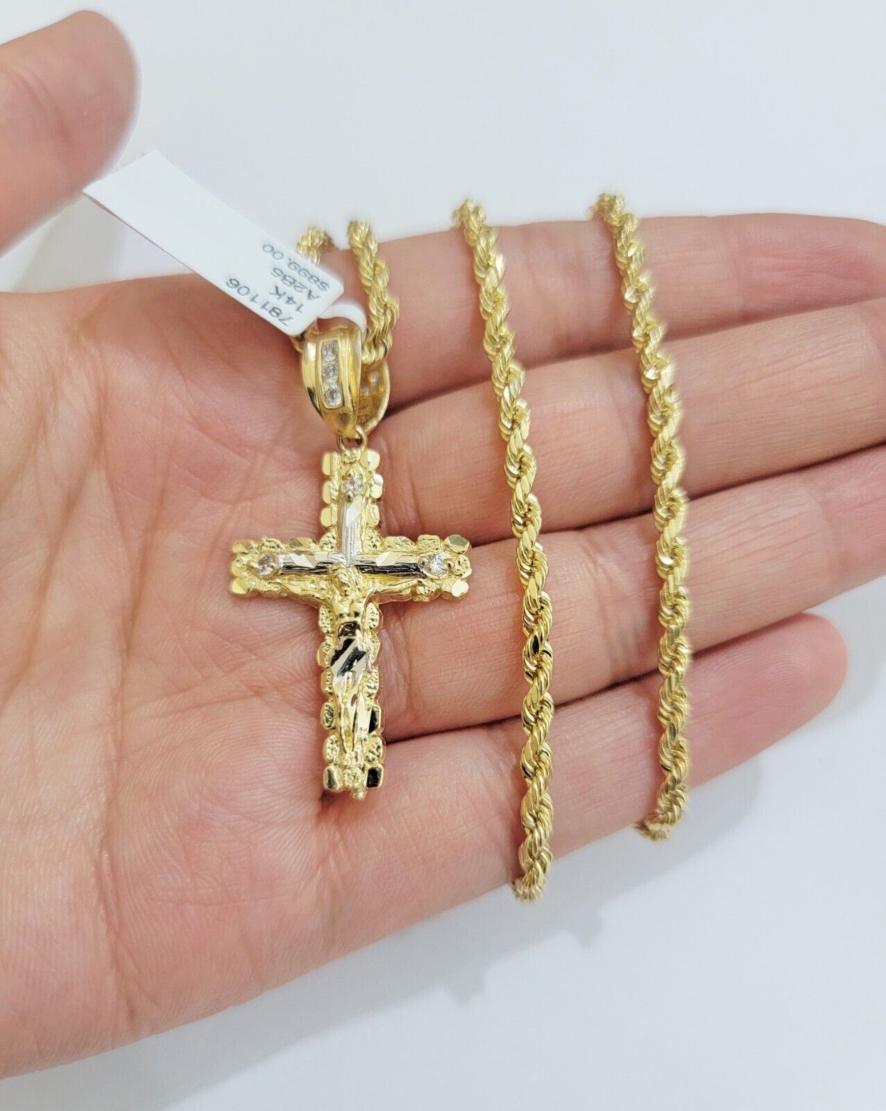 14k Gold Rope Chain Necklace Cross Charm Pendant Set 16 - 28" inch 3mm , Real 14KT - Reva Jeweler