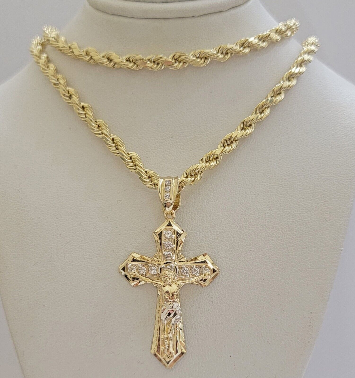 14k Gold Rope Chain Necklace Jesus Cross Charm Pendant Set 18 - 28" inch 5mm, REAL - Reva Jeweler