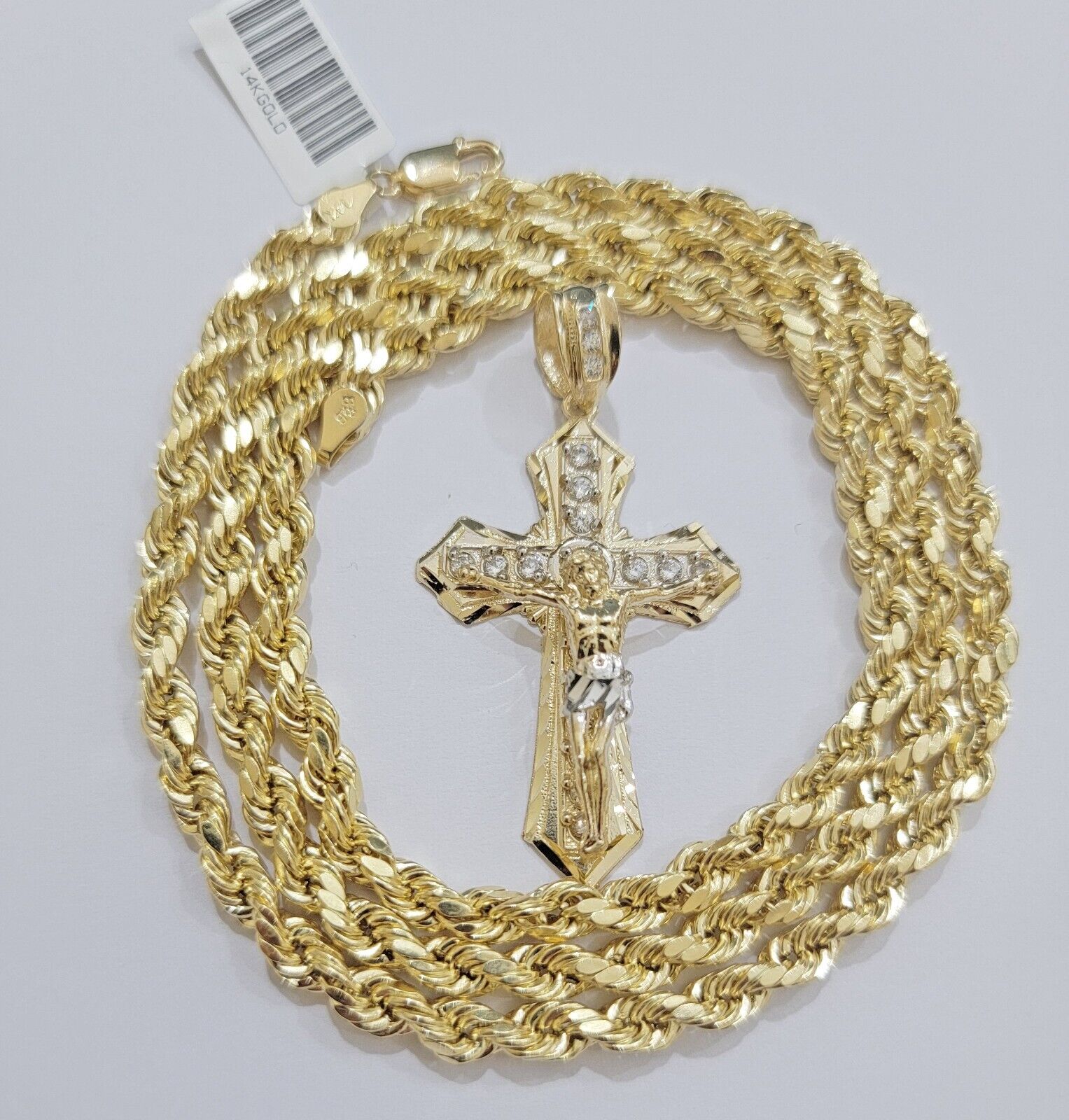 14k Gold Rope Chain Necklace Jesus Cross Charm Pendant Set 18 - 28" inch 5mm, REAL - Reva Jeweler