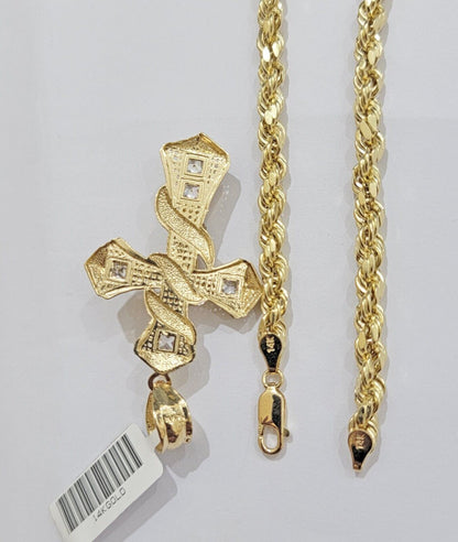 14k Gold Rope Chain Necklace Jesus Cross Charm Pendant Set 18 - 28" inch 5mm, REAL - Reva Jeweler