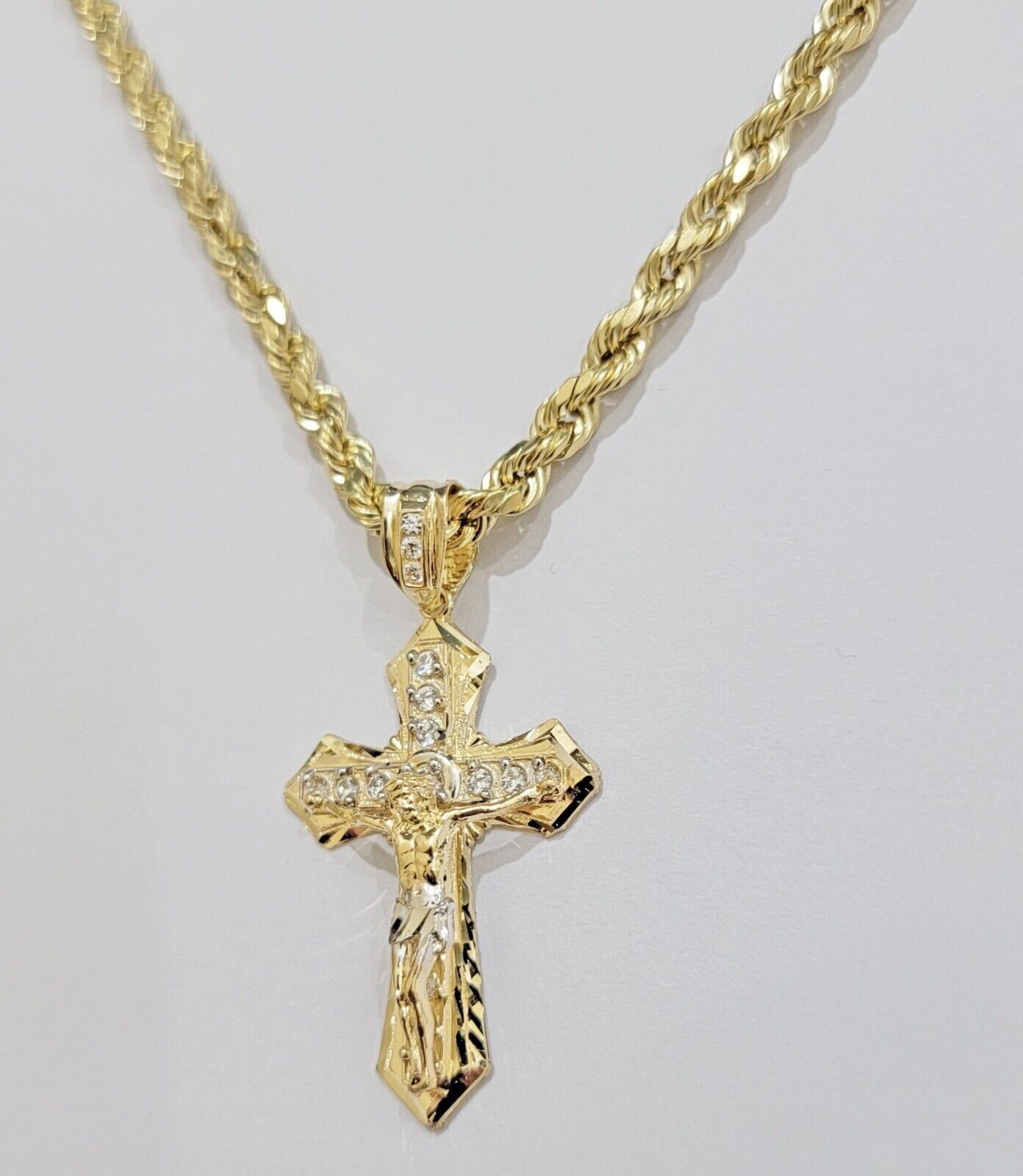 14k Gold Rope Chain Necklace Jesus Cross Charm Pendant Set 18 - 28" inch 5mm, REAL - Reva Jeweler