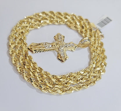 14k Gold Rope Chain Necklace Jesus Cross Charm Pendant Set 18 - 28" inch 5mm, REAL - Reva Jeweler