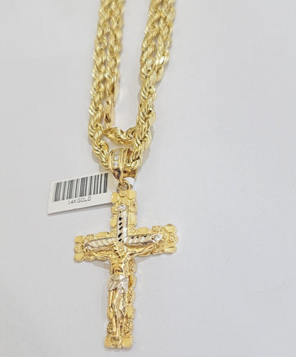 14k Gold Rope Chain Necklace Jesus Cross Charm Pendant Set 20-28" inch 5mm, REAL