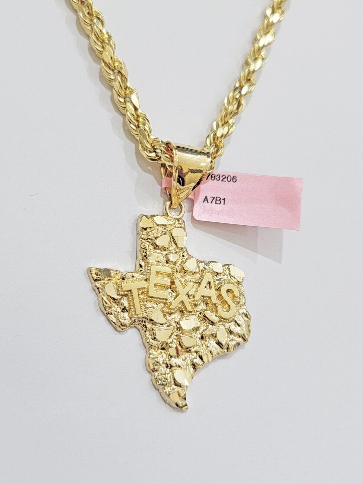 14k Gold Rope Chain & Nugget Texas map Charm pendant & 20 Inch Necklace Set Mens - Reva Jeweler