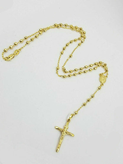 14k Gold Rosary Necklace 18" - 24" REAL 14KT yellow Gold Jesus cross Chain pendant - Reva Jeweler