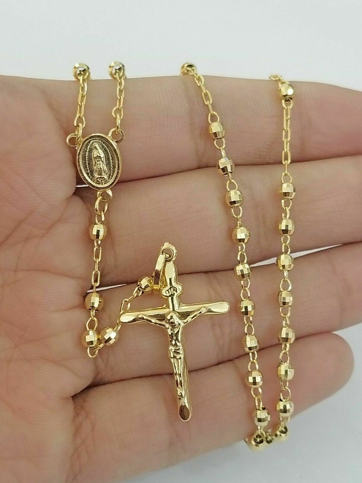 14k Gold Rosary Necklace 18" - 24" REAL 14KT yellow Gold Jesus cross Chain pendant - Reva Jeweler