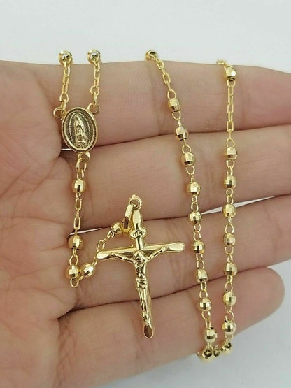 14k Gold Rosary Necklace 18" - 24" REAL 14KT yellow Gold Jesus cross Chain pendant - Reva Jeweler