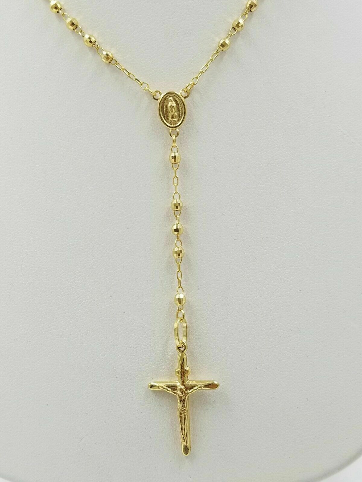 14k Gold Rosary Necklace 18" - 24" REAL 14KT yellow Gold Jesus cross Chain pendant - Reva Jeweler
