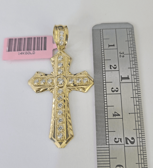 14k Jesus Christ CZ Cross Charm Pendant 2" Yellow Gold REAL Genuine Diamond Cuts - GoldenlinQ