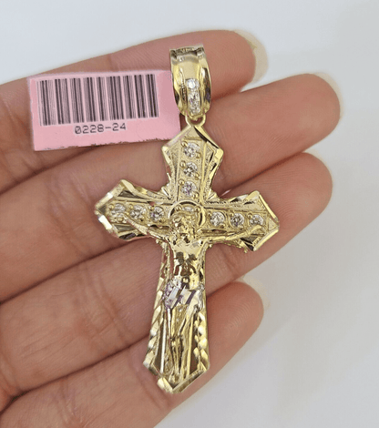 14k Jesus Christ CZ Cross Charm Pendant Yellow Gold REAL Genuine - GoldenlinQ