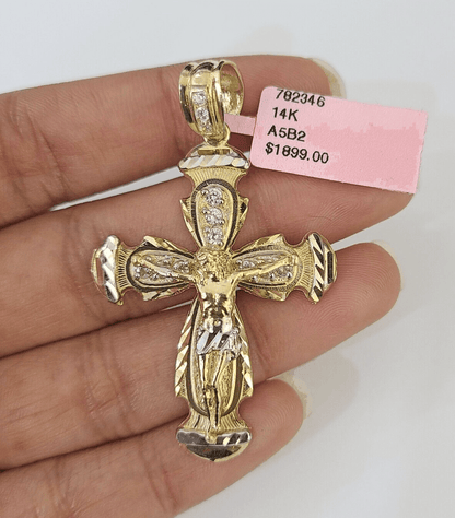 14k Jesus Christ CZ Cross Charm Pendant Yellow Gold REAL Genuine Diamond Cuts - GoldenlinQ
