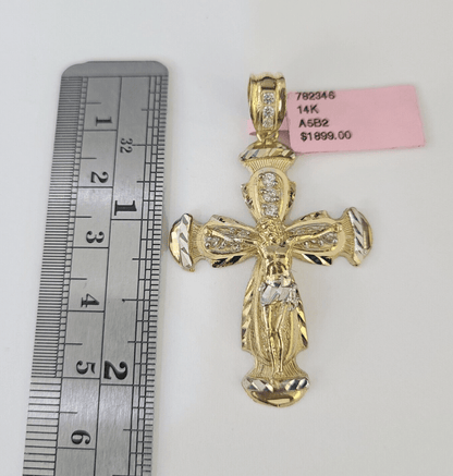 14k Jesus Christ CZ Cross Charm Pendant Yellow Gold REAL Genuine Diamond Cuts - GoldenlinQ