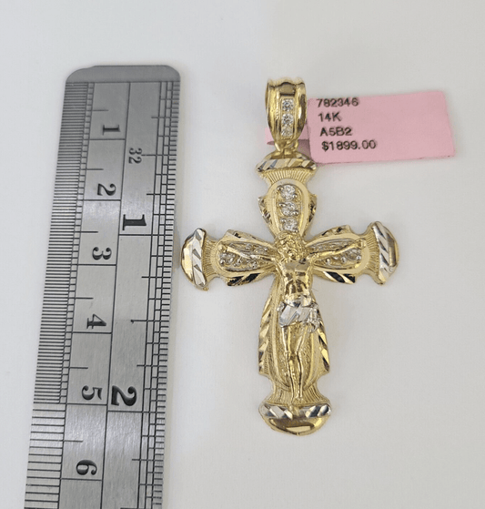 14k Jesus Christ CZ Cross Charm Pendant Yellow Gold REAL Genuine Diamond Cuts - GoldenlinQ