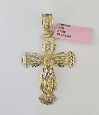 14k Jesus Christ CZ Cross Charm Pendant Yellow Gold REAL Genuine Diamond Cuts - GoldenlinQ