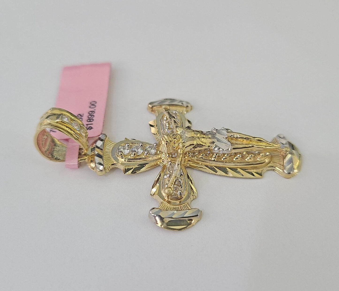 14k Jesus Christ CZ Cross Charm Pendant Yellow Gold REAL Genuine Diamond Cuts - GoldenlinQ