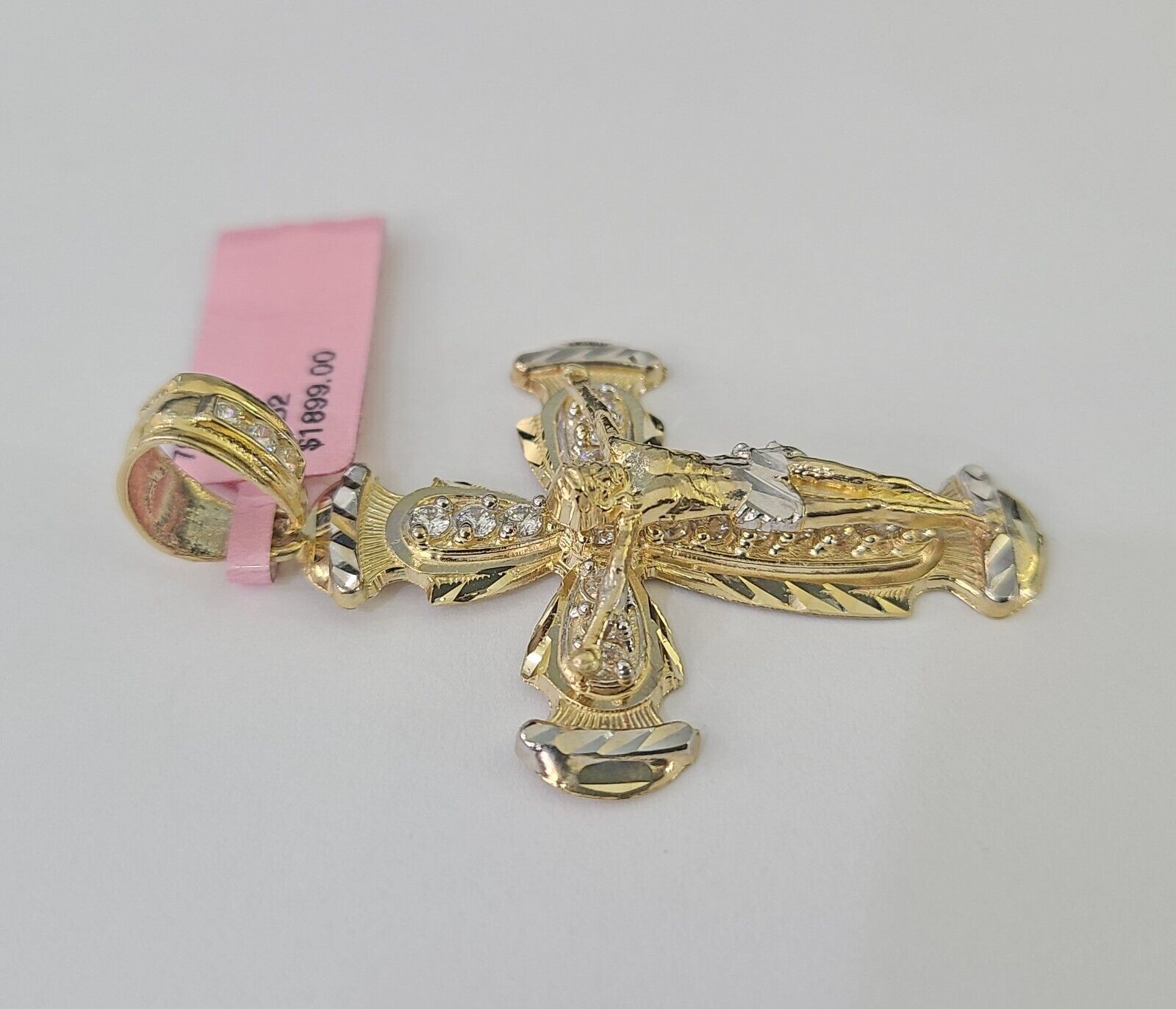 14k Jesus Christ CZ Cross Charm Pendant Yellow Gold REAL Genuine Diamond Cuts - GoldenlinQ
