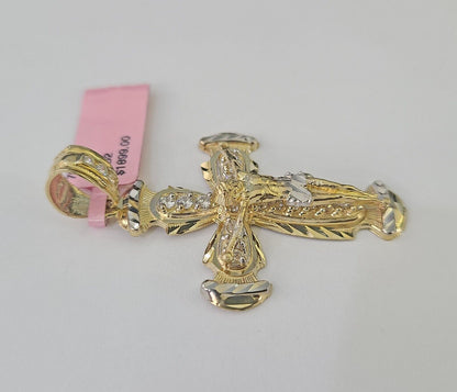 14k Jesus Christ CZ Cross Charm Pendant Yellow Gold REAL Genuine Diamond Cuts - GoldenlinQ