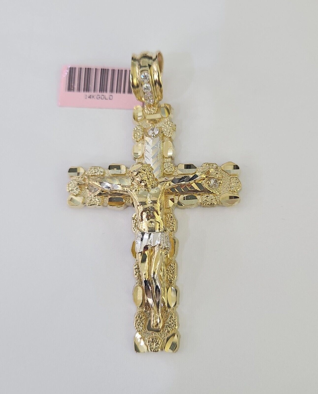 14k Jesus Christ Nugget Cross Charm Pendant Yellow Gold REAL Genuine - GoldenlinQ