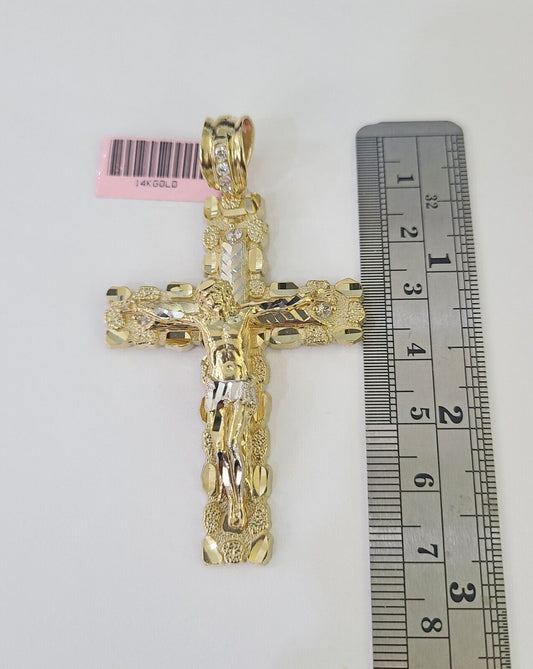 14k Jesus Christ Nugget Cross Charm Pendant Yellow Gold REAL Genuine - GoldenlinQ