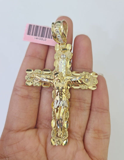 14k Jesus Christ Nugget Cross Charm Pendant Yellow Gold REAL Genuine - GoldenlinQ