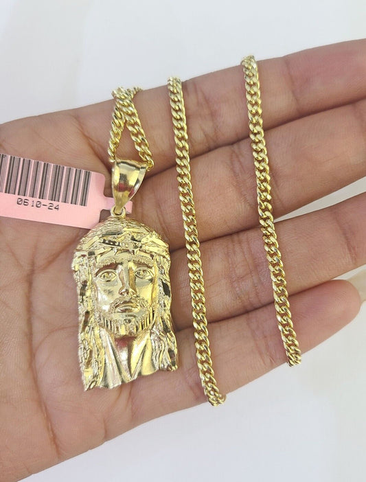 14k Miami Cuban Chain Jesus Head Charm Yellow Gold Set 3mm 18"-28" Necklace