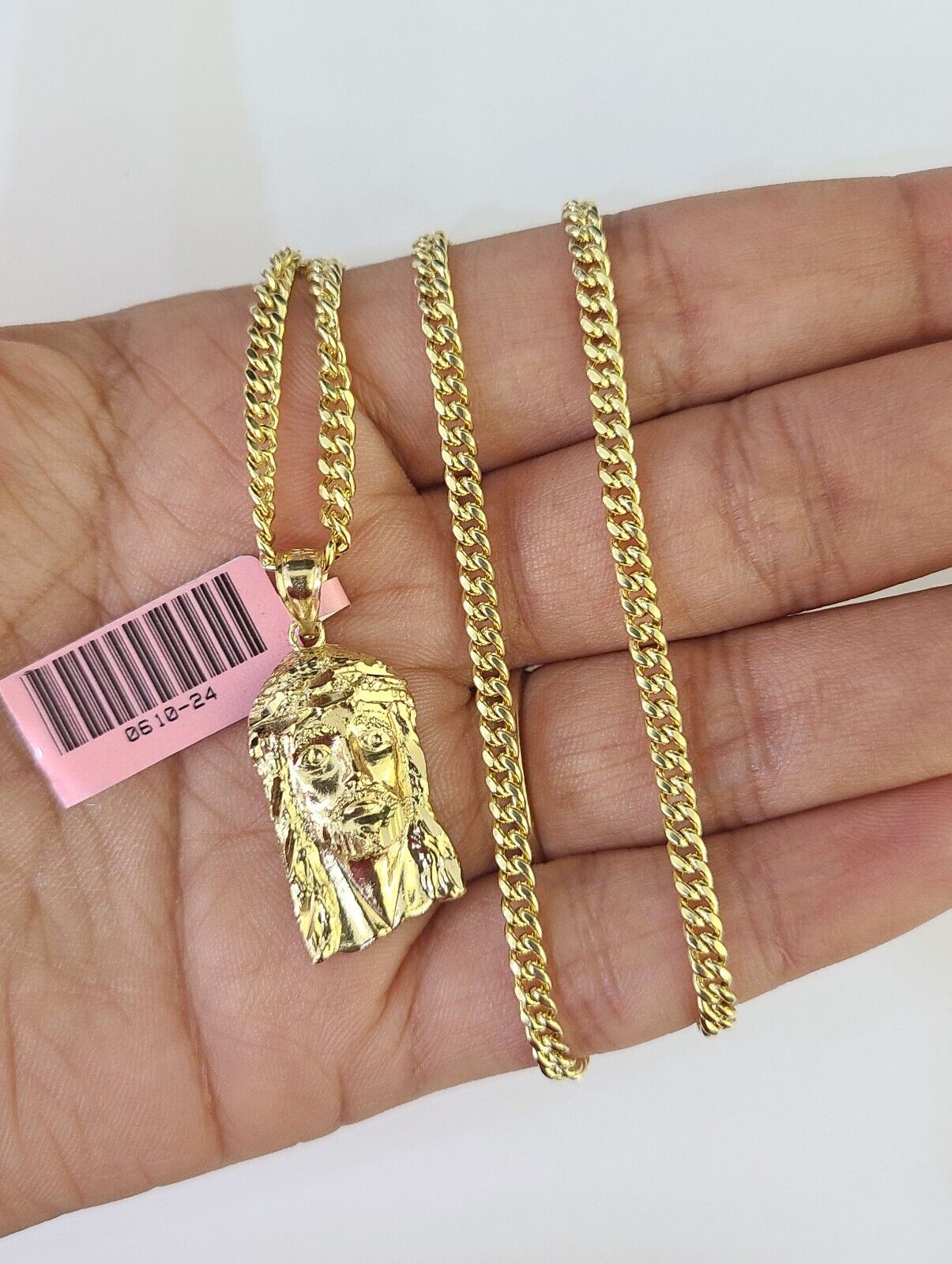 14k Miami Cuban Chain Jesus Head Charm Yellow Gold Set 3mm 18"-28" Necklace