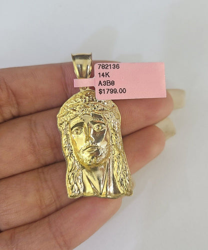 14k Miami Cuban Chain Jesus Head Charm Yellow Gold Set 3mm 18"-28" Necklace